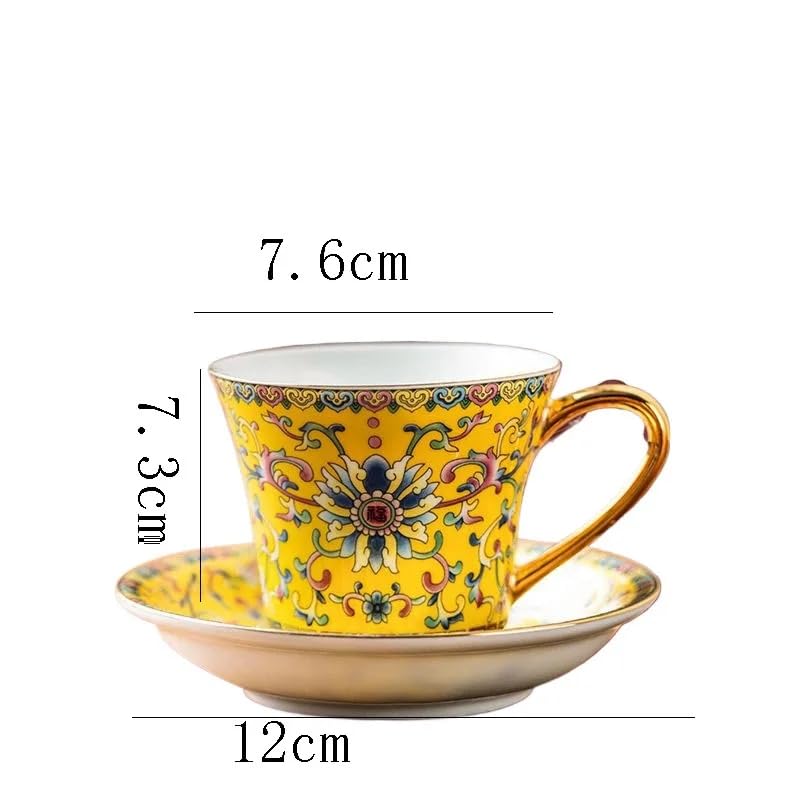 Vintage Floral Tea Cup and Saucer Set, Yellow with Gold Handle, 4-Piece Set H652901