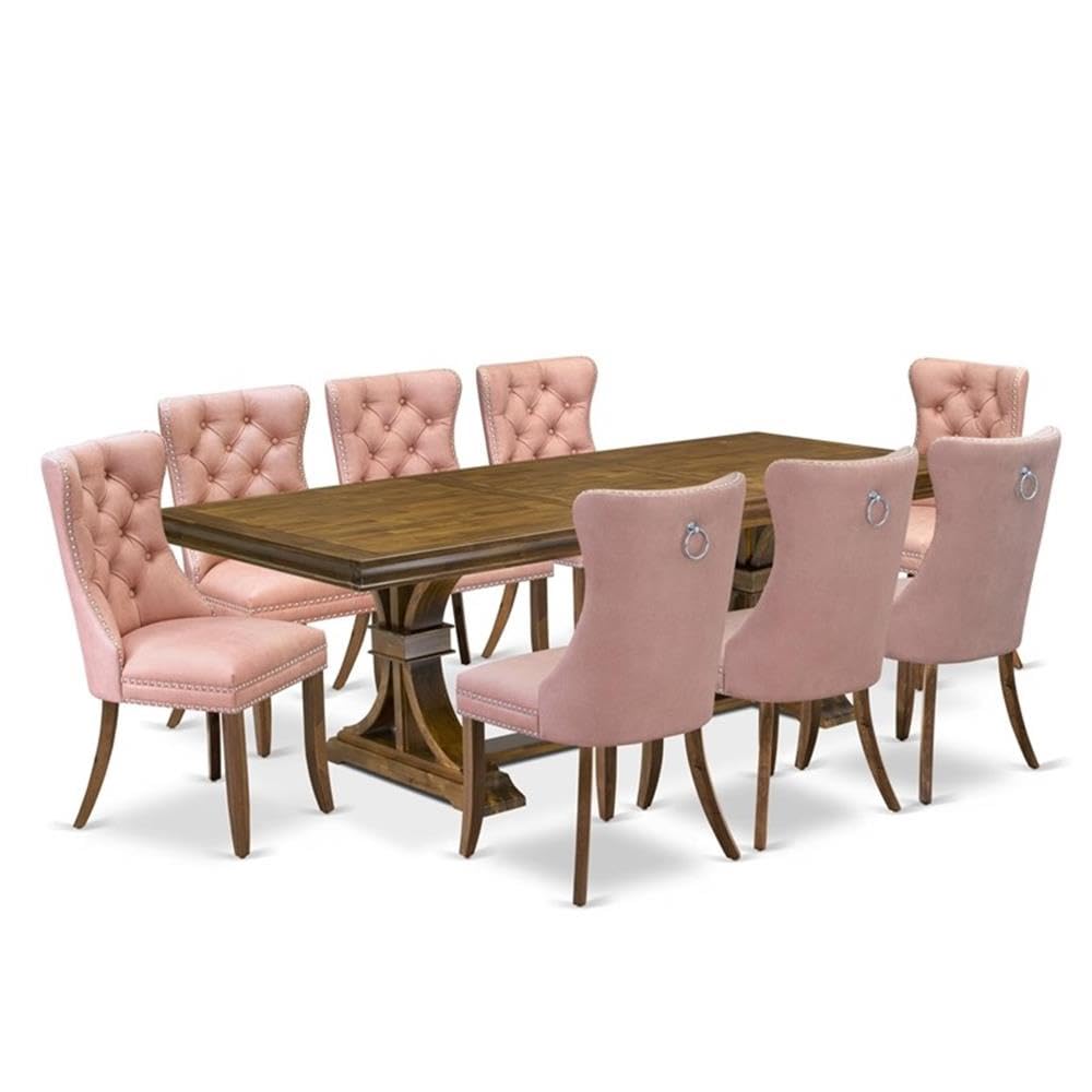 9-Piece Acacia Wood Dining Table Set with Beige Faux Leather Chairs J2765