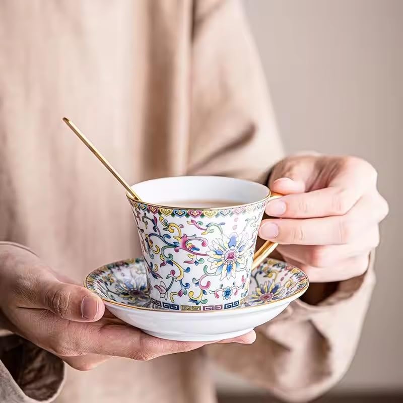Vintage Floral Tea Cup and Saucer Set, Yellow with Gold Handle, 4-Piece Set H652901