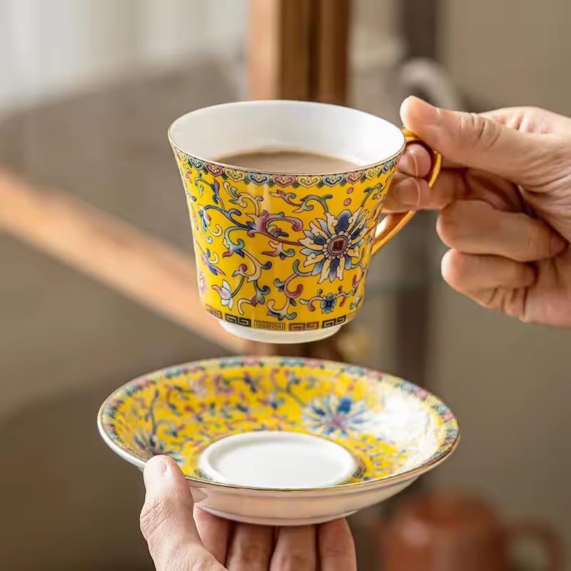 Vintage Floral Tea Cup and Saucer Set, Yellow with Gold Handle, 4-Piece Set H652901