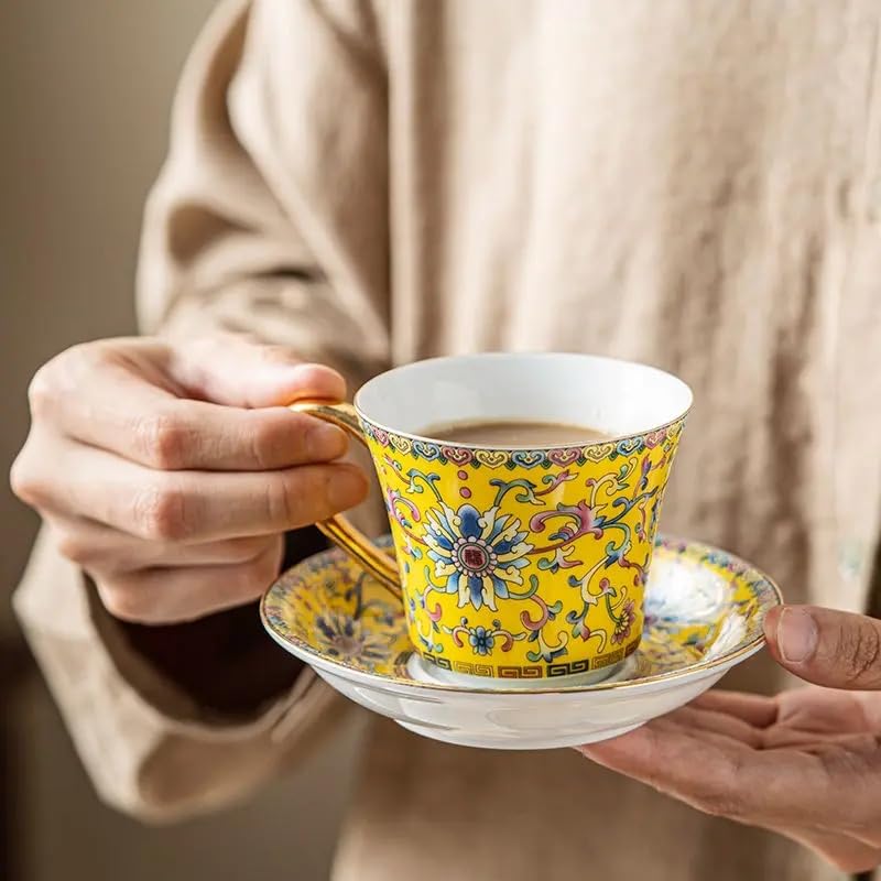 Vintage Floral Tea Cup and Saucer Set, Yellow with Gold Handle, 4-Piece Set H652901
