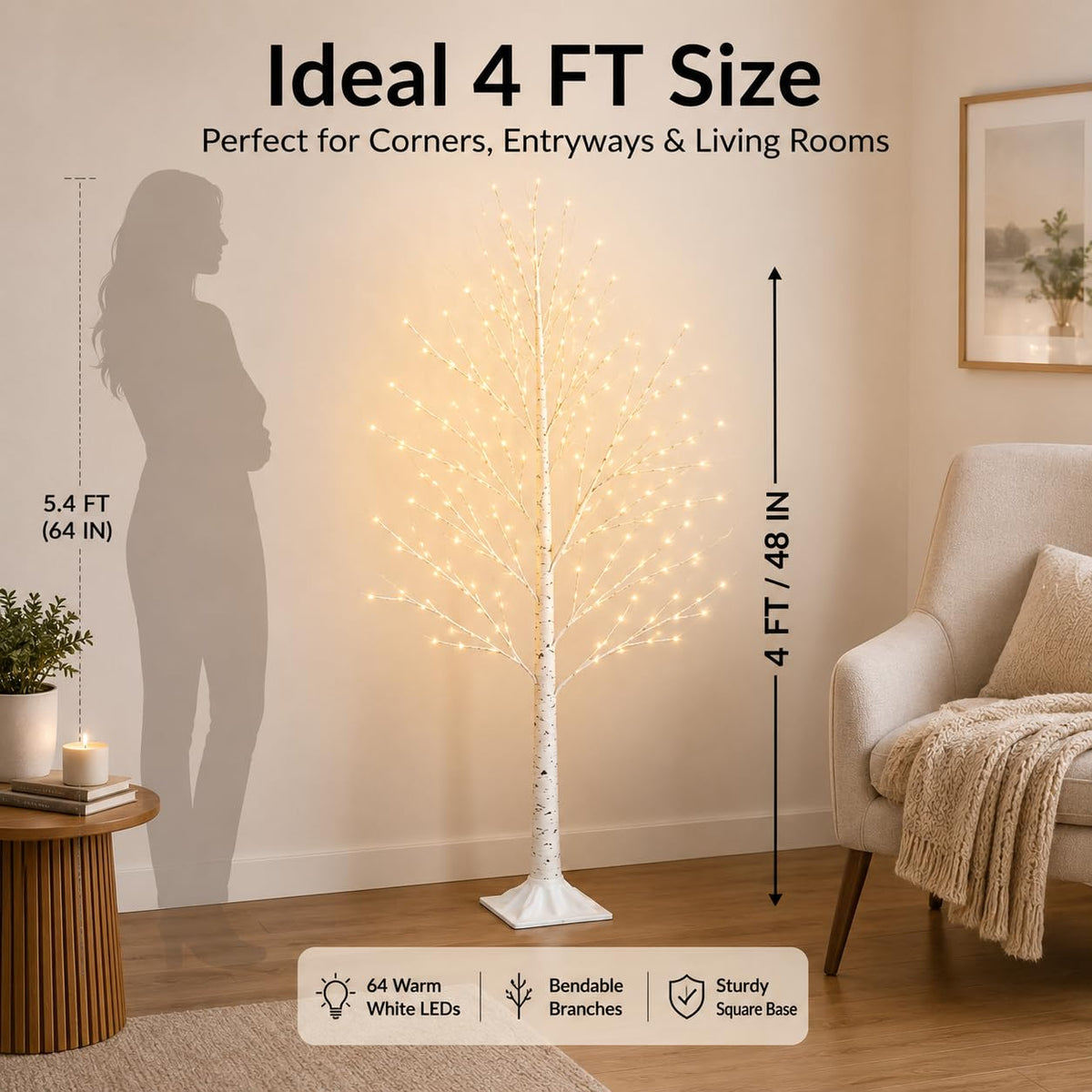 4FT 64 LEDs Birch Tree with Lights P905514