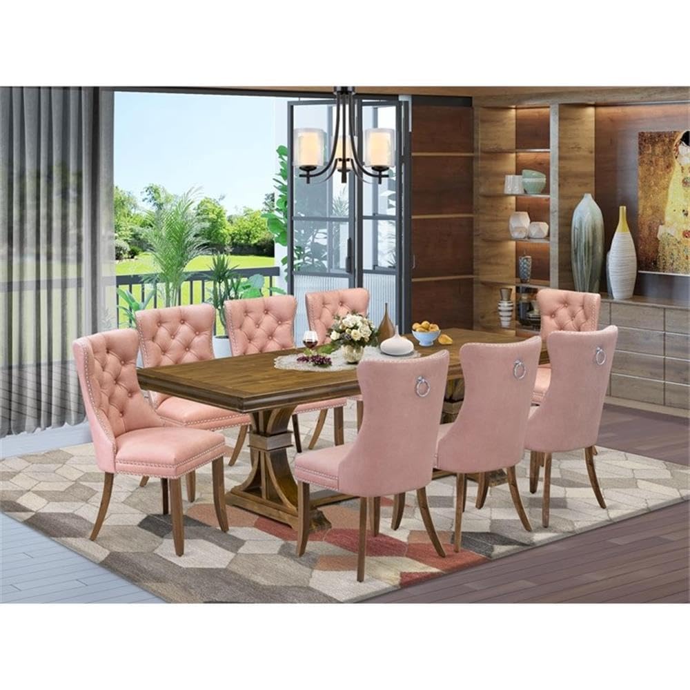 9-Piece Acacia Wood Dining Table Set with Beige Faux Leather Chairs J2765