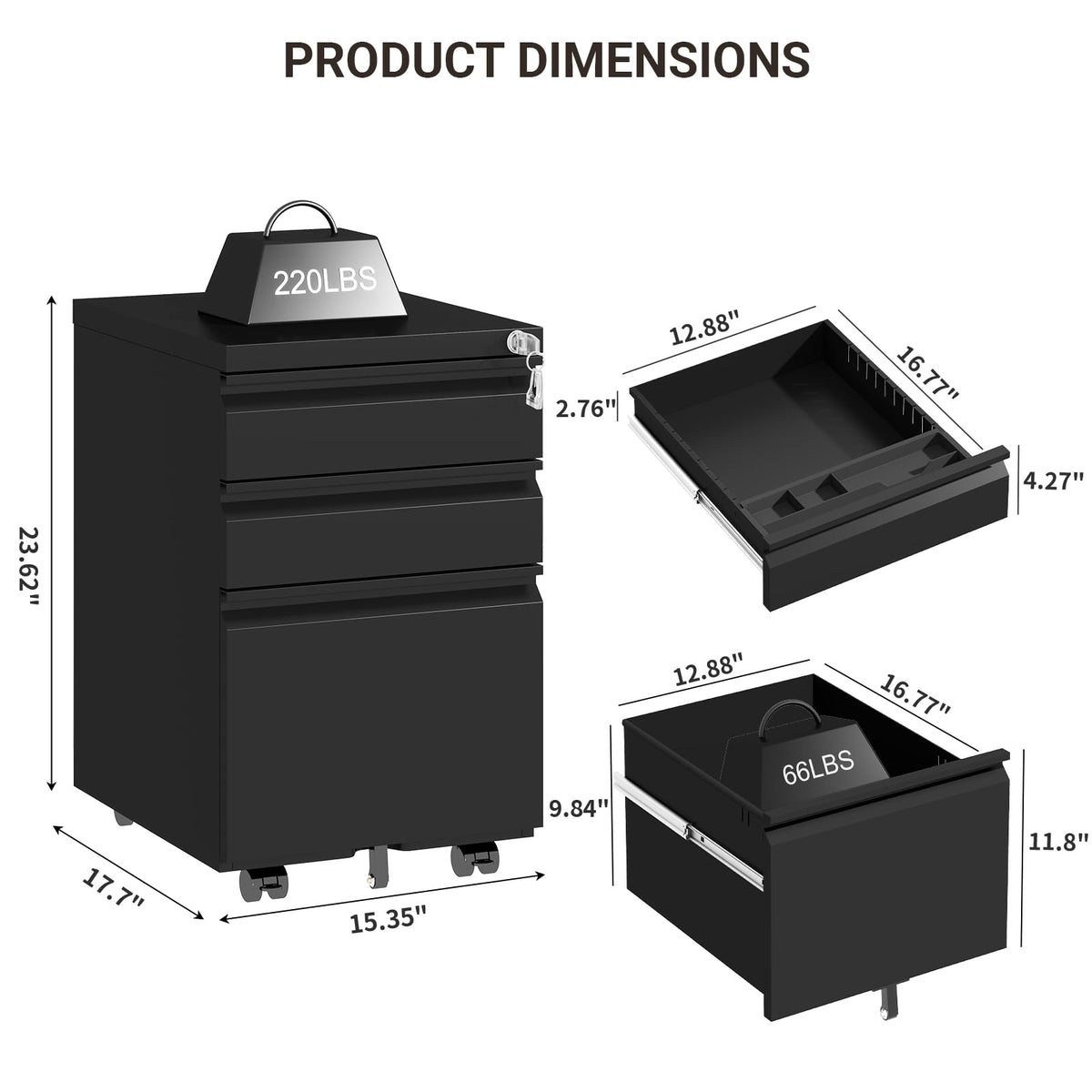 Black 3 Drawer Mobile File Cabinet with Lock V217967