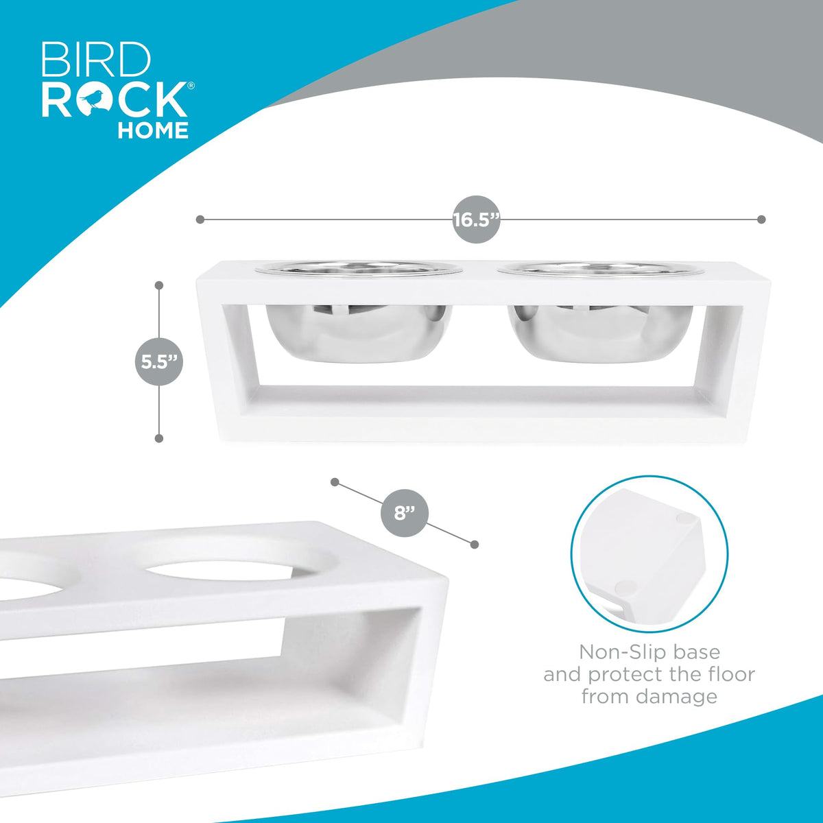 White Double Raised Pet Feeder with Stainless Steel Bowls F887518