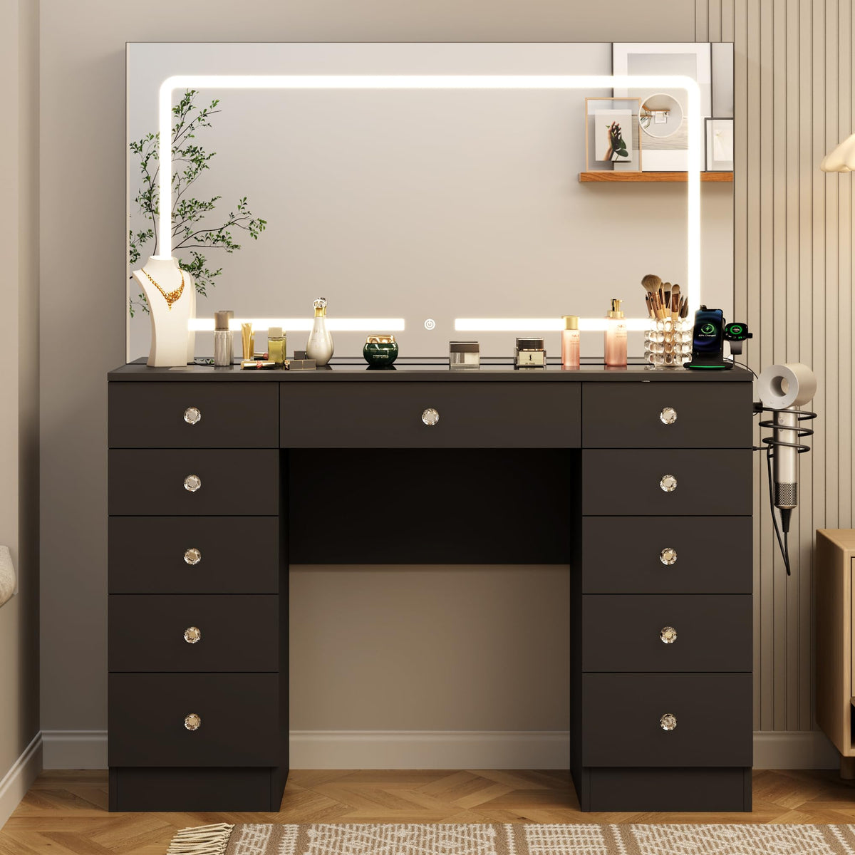 Black 11 Drawer Vanity Desk with Lighted Mirror U9901