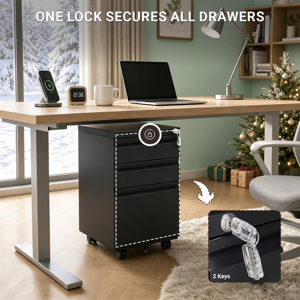 Black 3 Drawer Mobile File Cabinet with Lock V217967