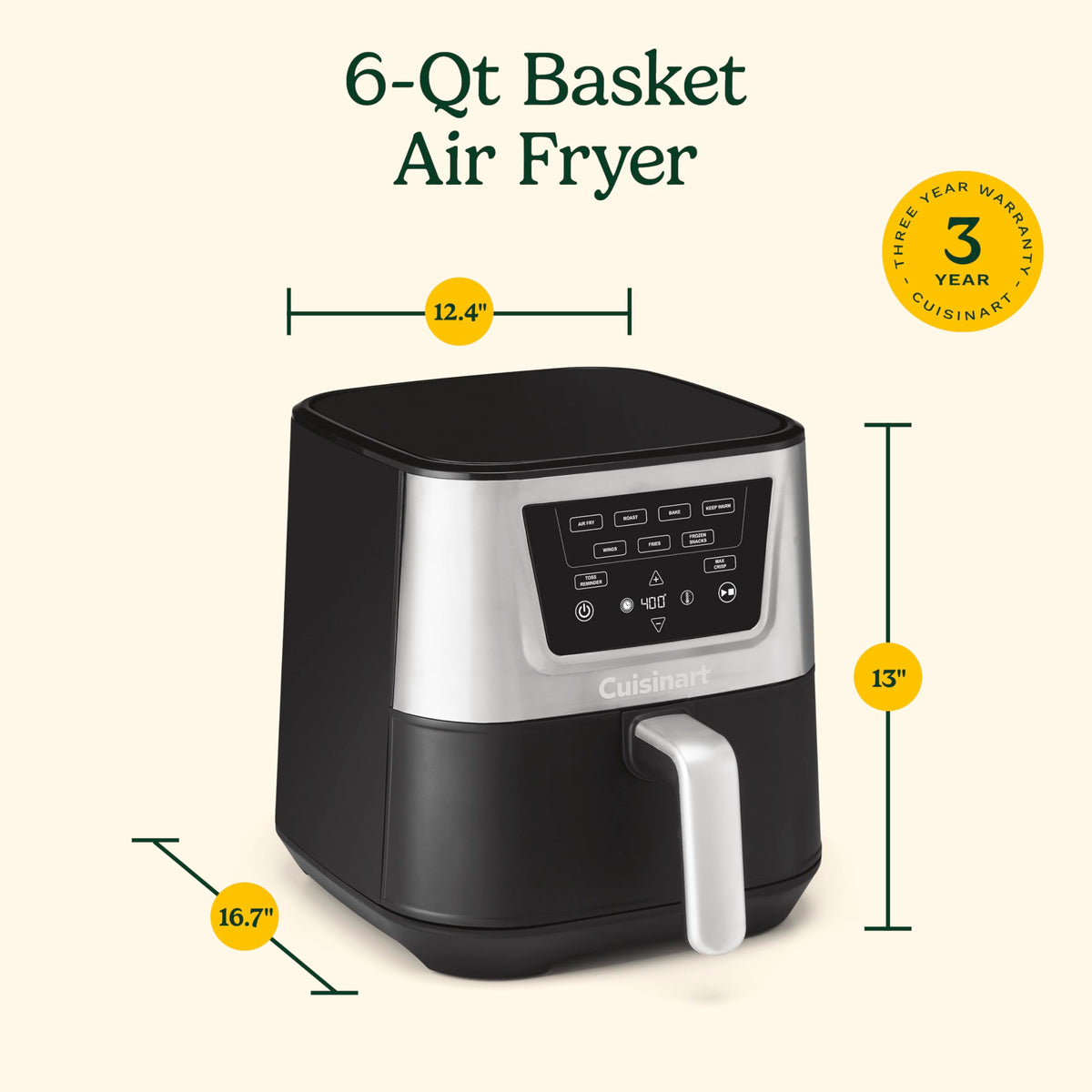 6-Quart Air Fryer with 4 Cooking Functions, Black & Stainless Steel B90911