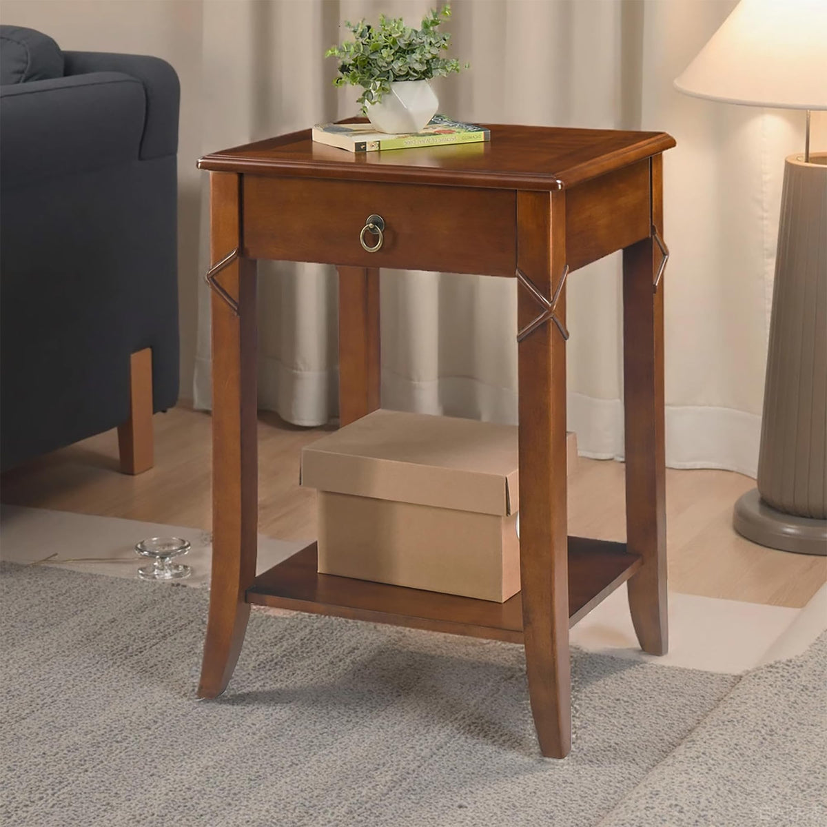 Small Solid Wood Side End Table with Drawer and Storage Shelf F6825