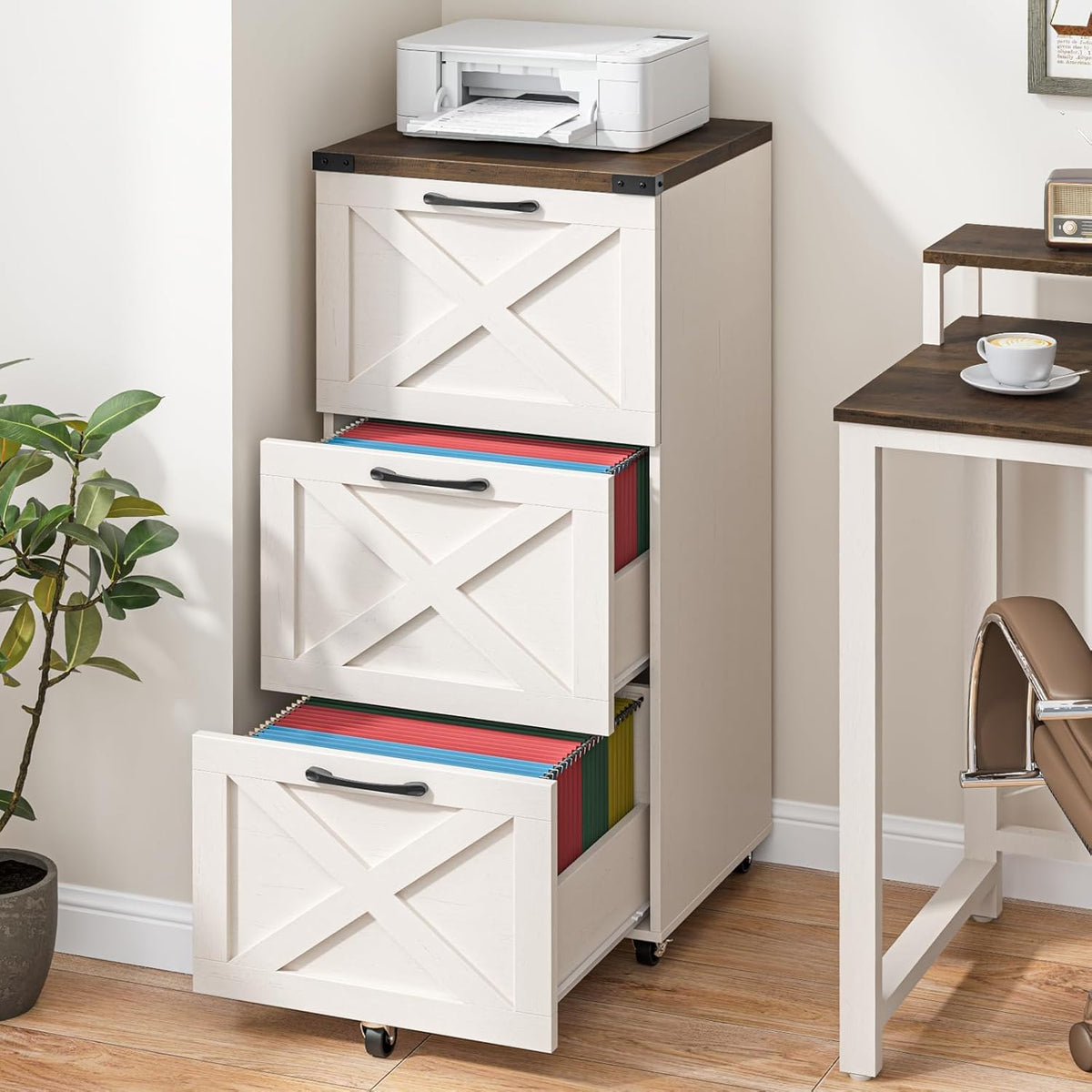 3 Drawer White File Cabinet with Wheels O244
