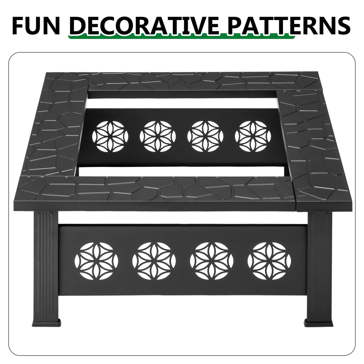 32 Inch Square Wood Burning Fire Pit Table with Spark Screen Lid and Fire Poker, Black A79995