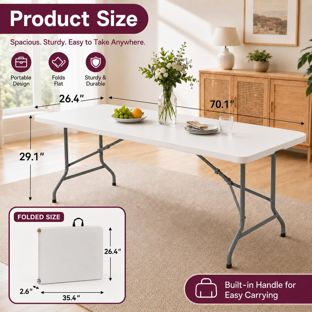 6FT White Folding Plastic Utility Table with Carrying Handle V276227
