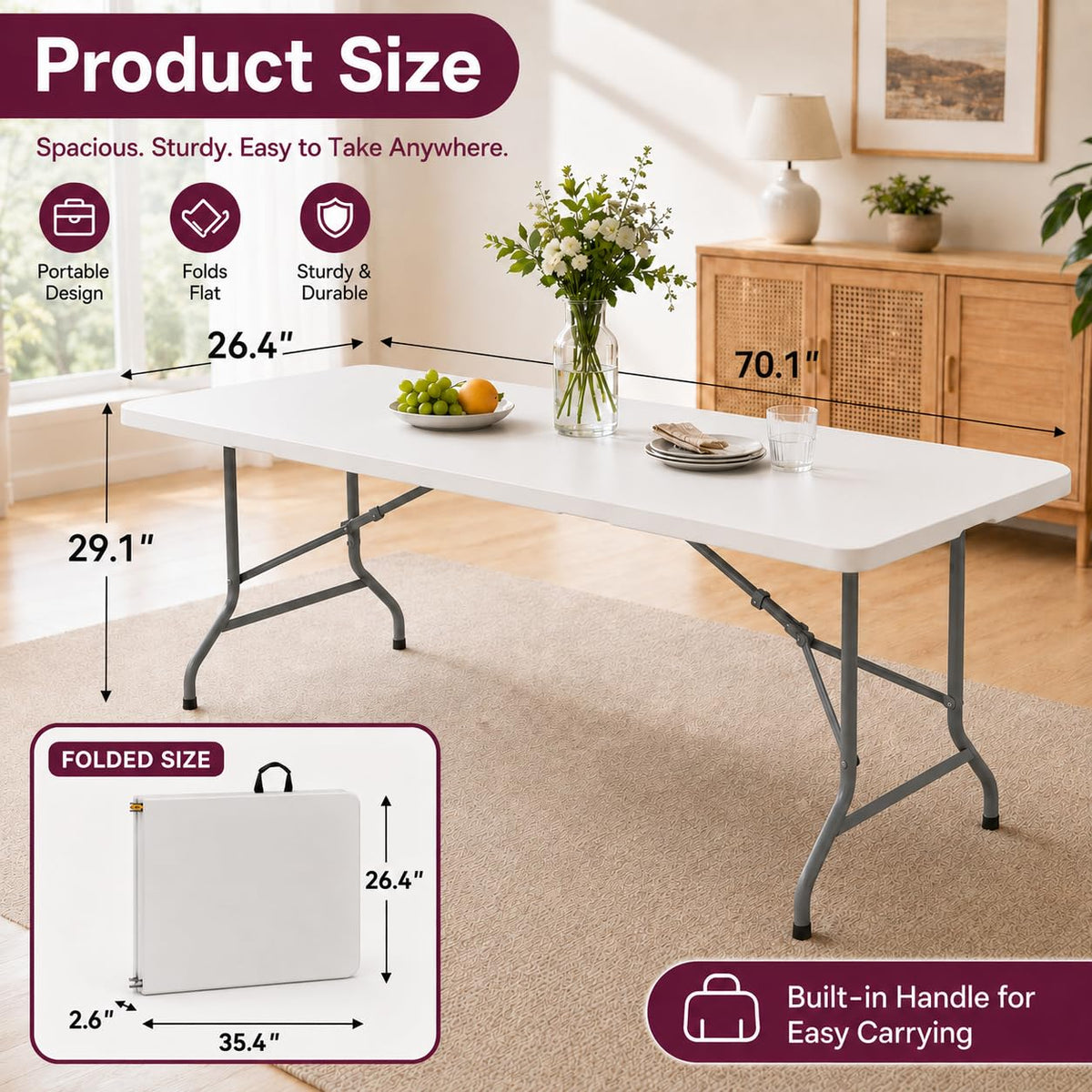 6FT White Folding Plastic Utility Table with Carrying Handle V276227