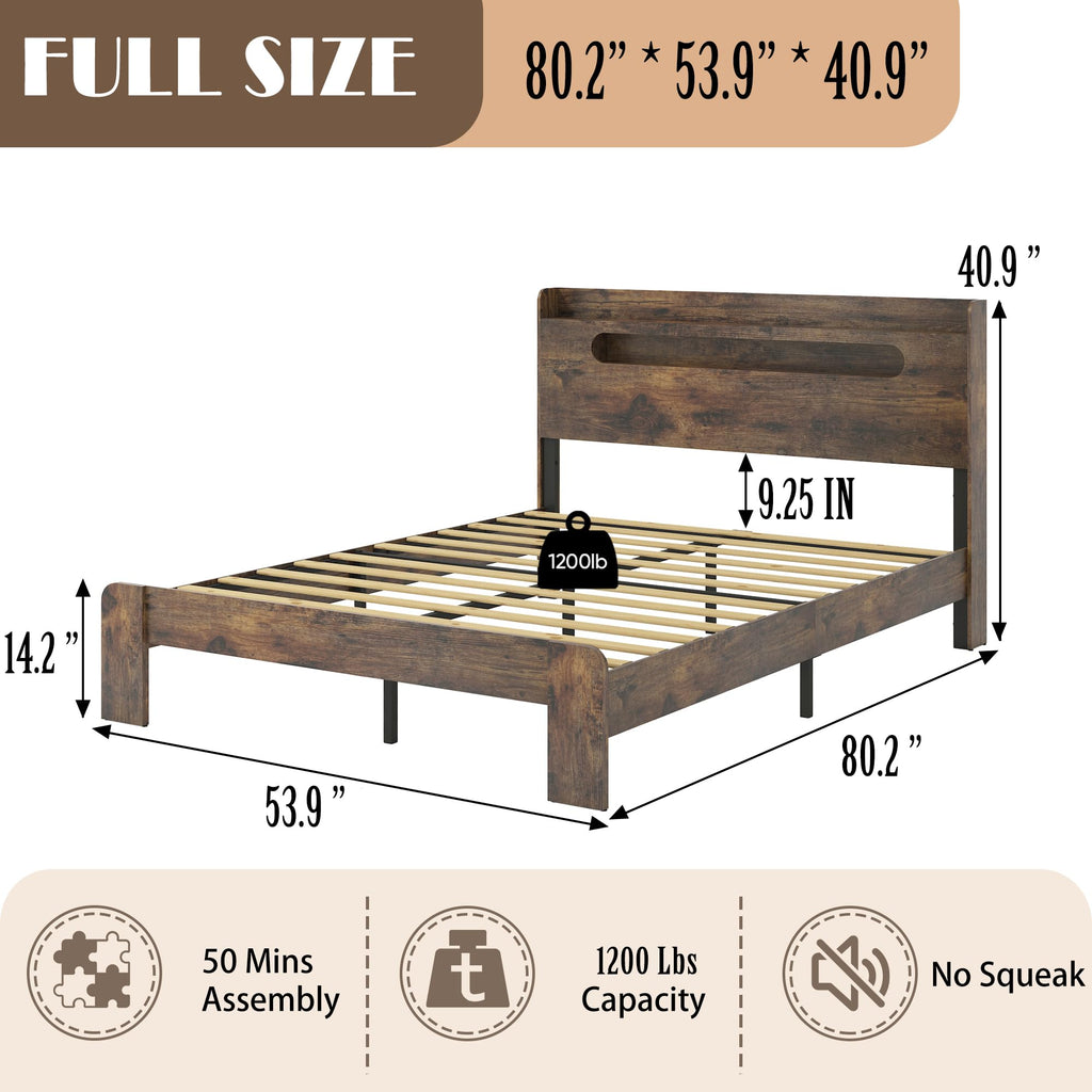 Wooden Full Bed Frame with Storage Headboard I46293