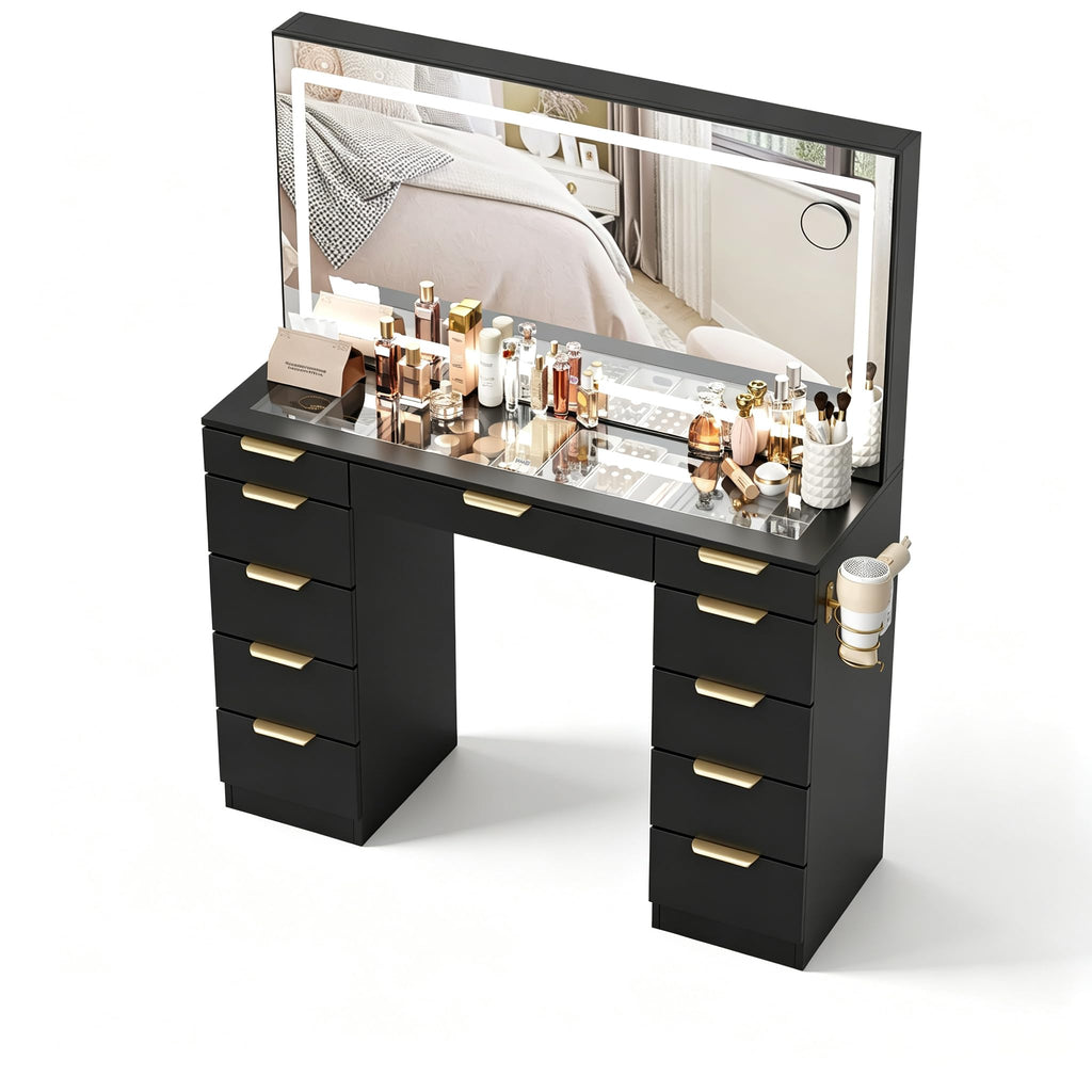 Glass Top Vanity Desk with Mirror and Lights, 11 Drawers Makeup Vanity with Stool R972270