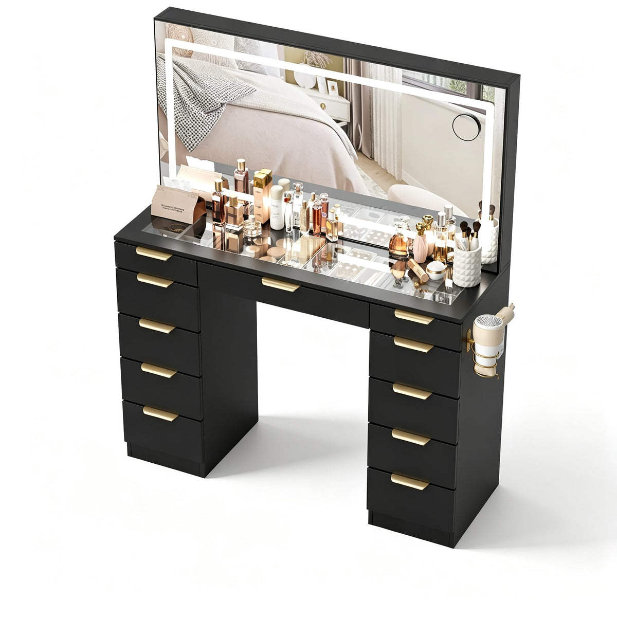 Glass Top Vanity Desk with Mirror and Lights, 11 Drawers Makeup Vanity with Stool R972270