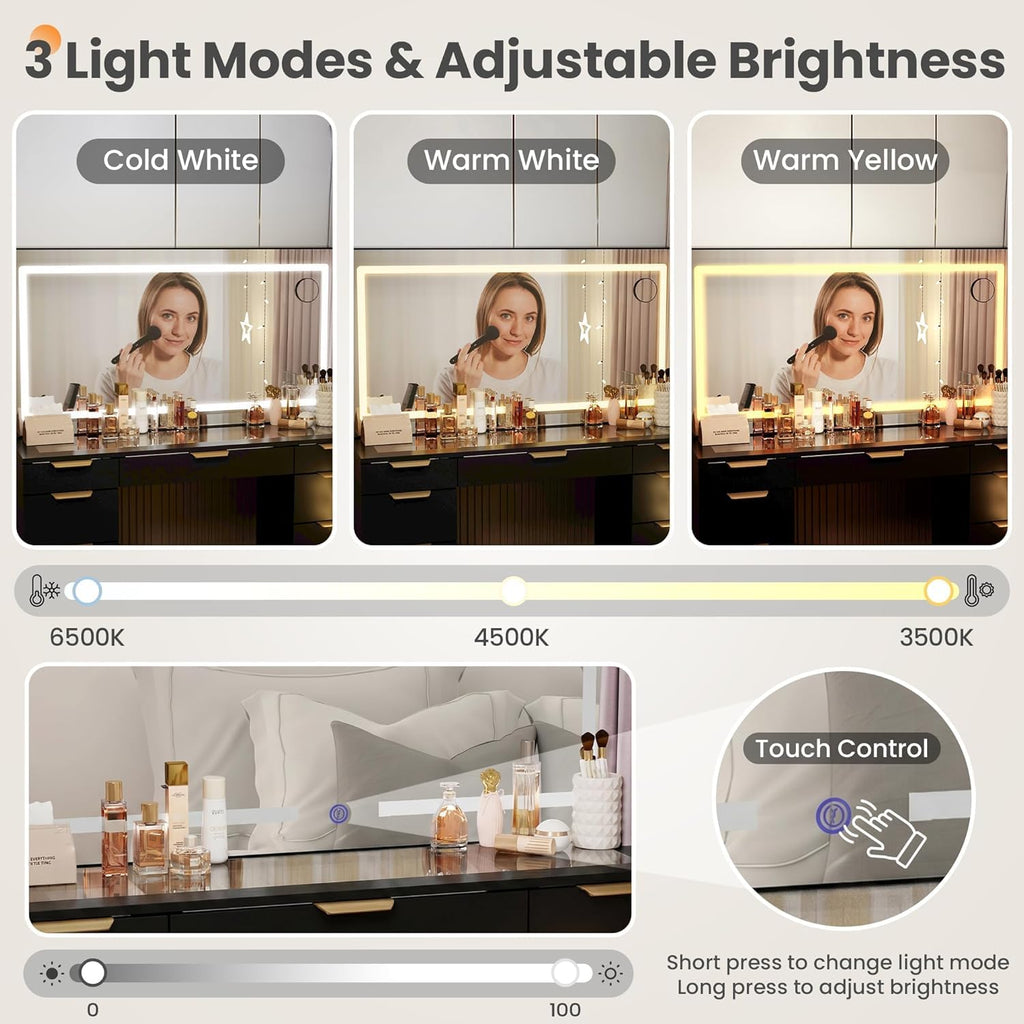 Glass Top Vanity Desk with Mirror and Lights, 11 Drawers Makeup Vanity with Stool R972270