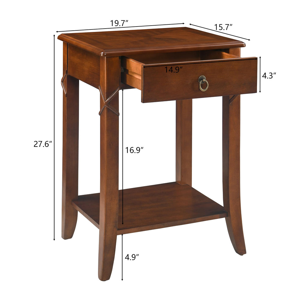 Small Solid Wood Side End Table with Drawer and Storage Shelf F6825