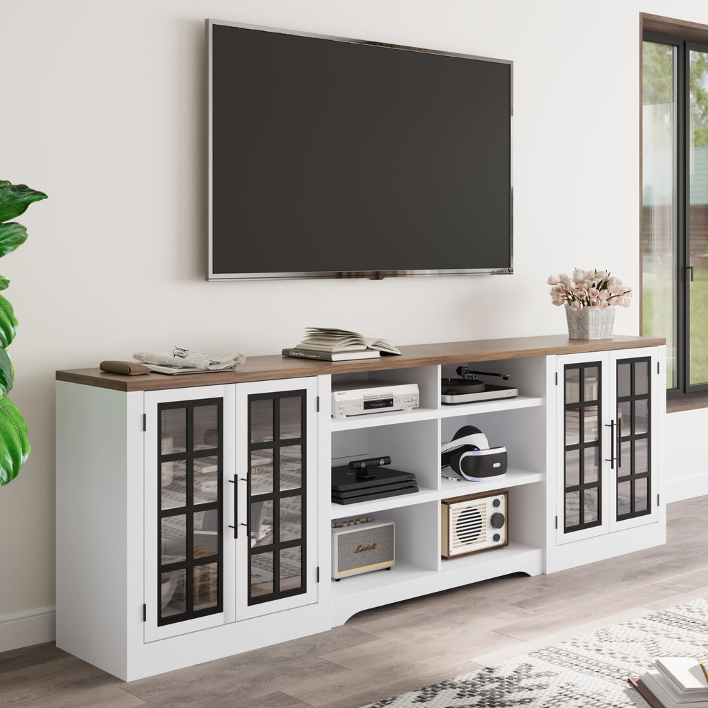 White TV Stand with Storage Cabinet and 3-Tier Open Shelves N176