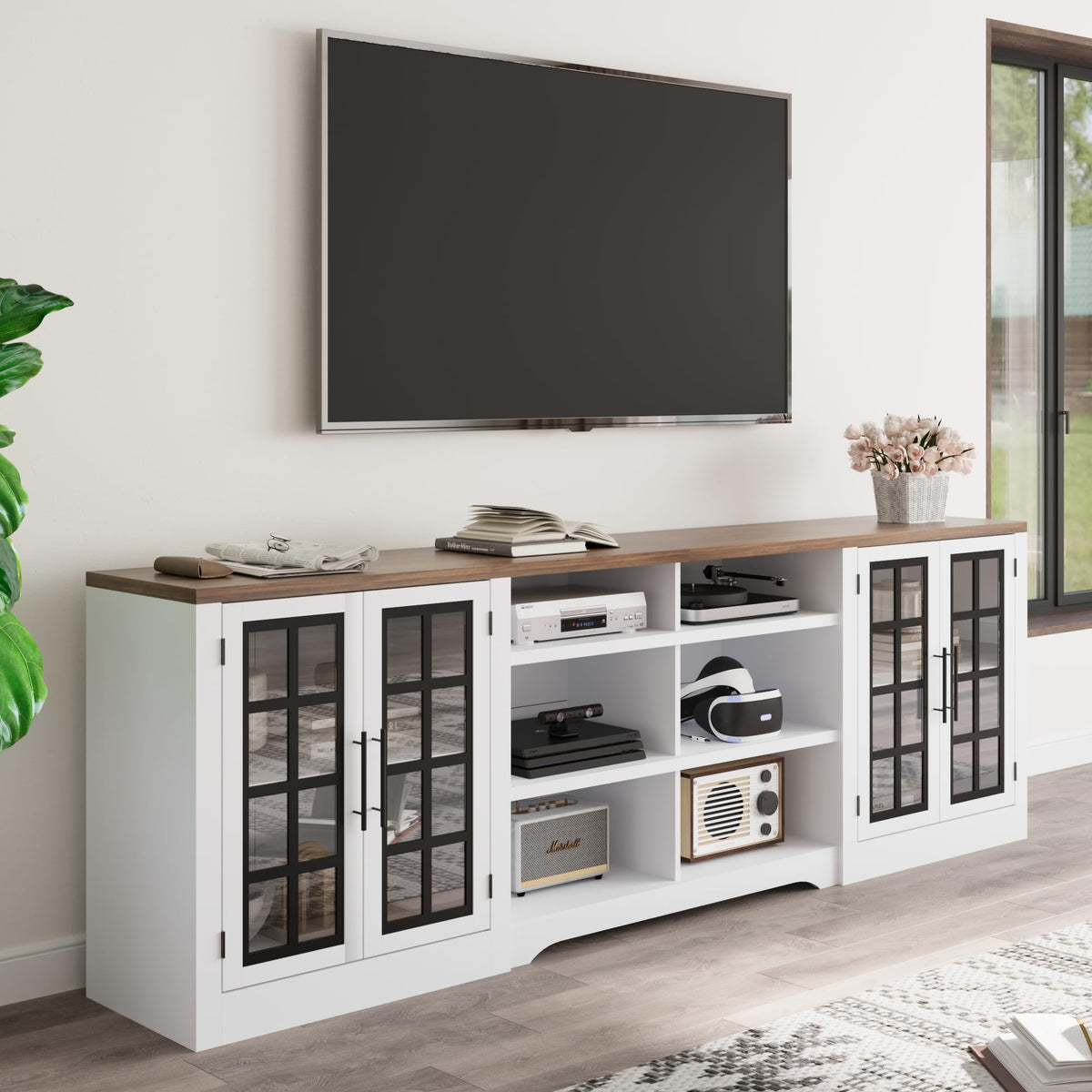 White TV Stand with Storage Cabinet and 3-Tier Open Shelves N176