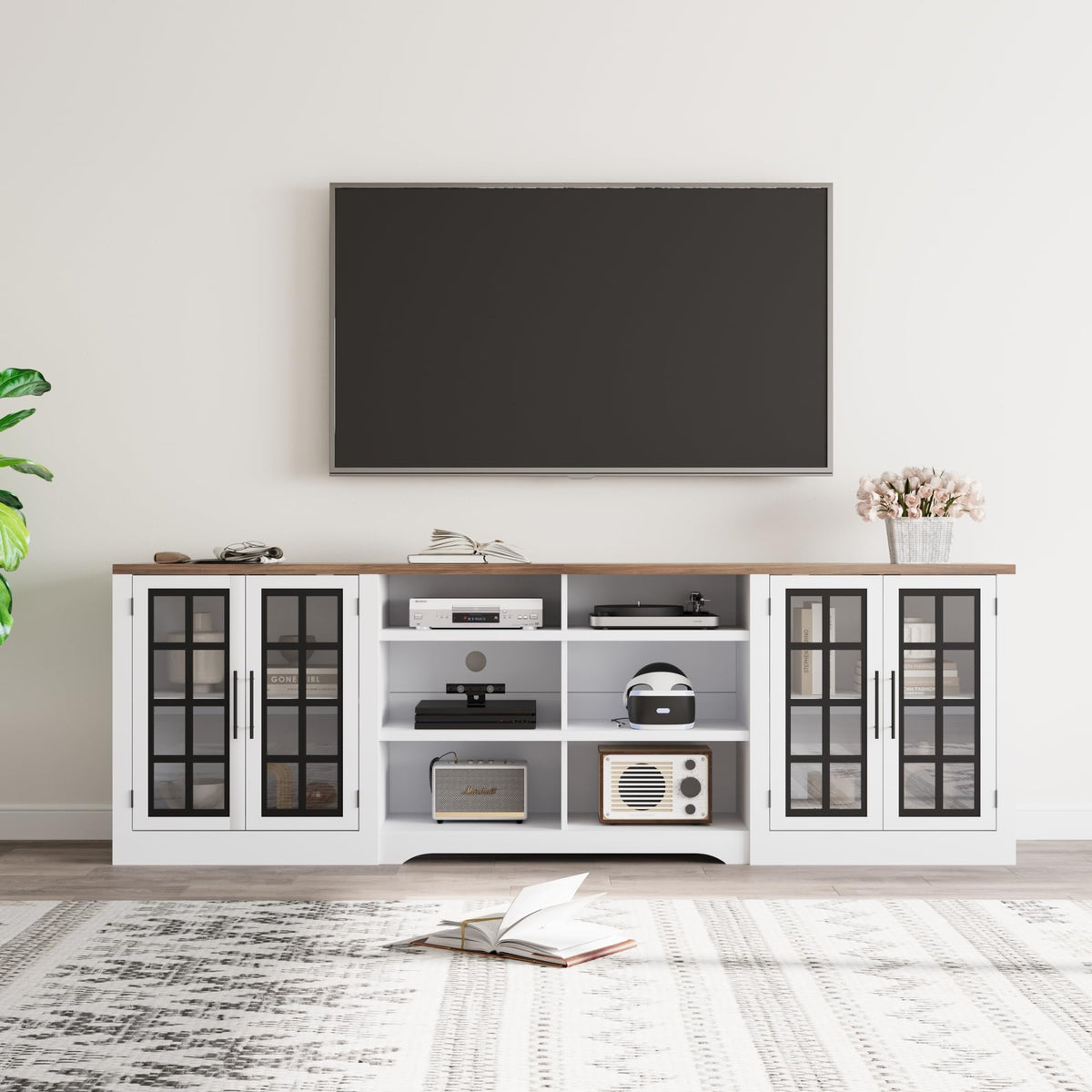 White TV Stand with Storage Cabinet and 3-Tier Open Shelves N176
