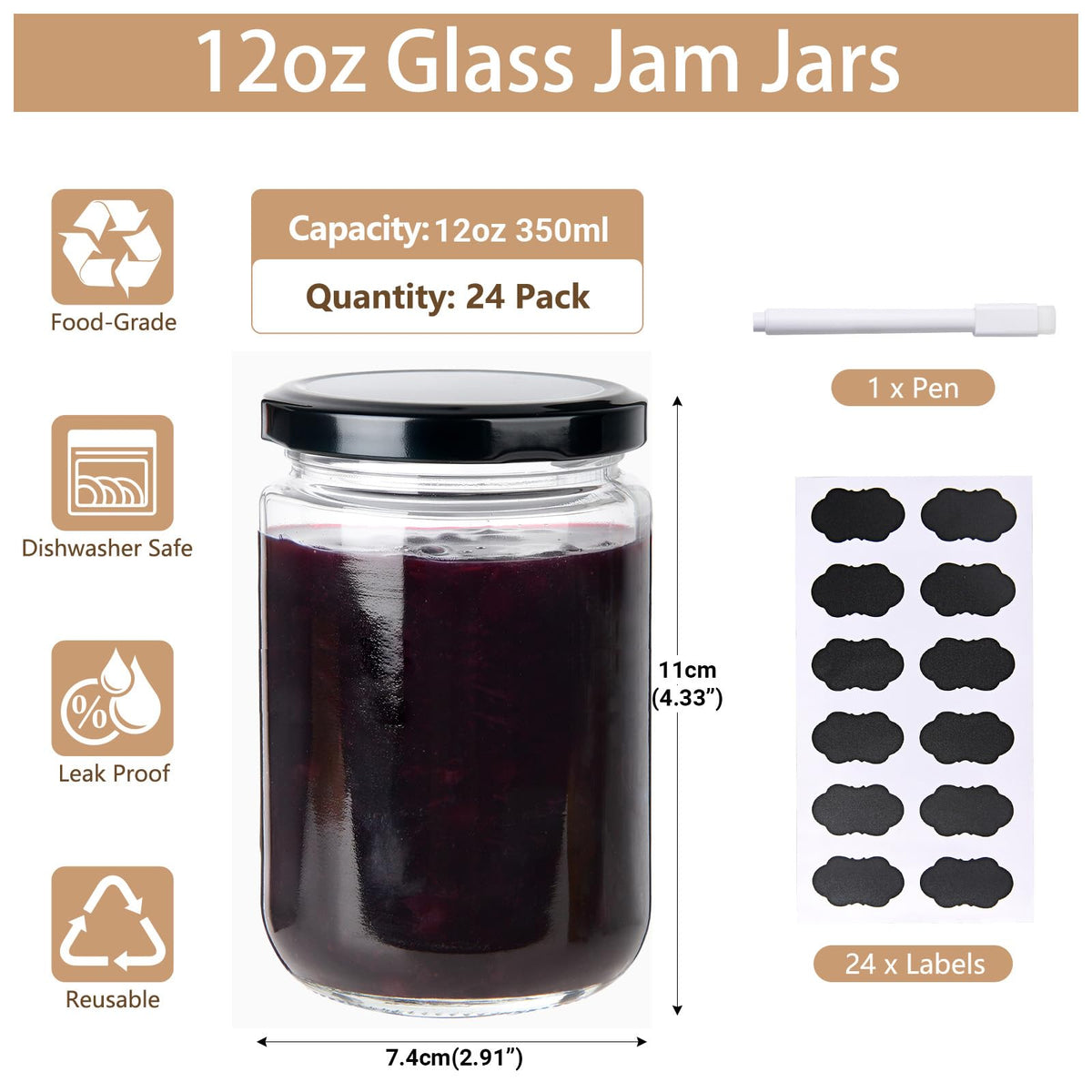 24Pack 12oz Clear Glass Jars with Lids E51365