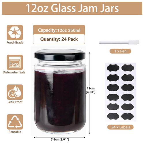 24Pack 12oz Clear Glass Jars with Lids E51365