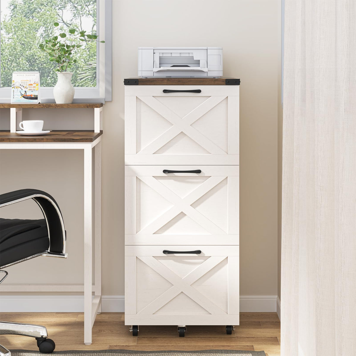 3 Drawer White File Cabinet with Wheels O244