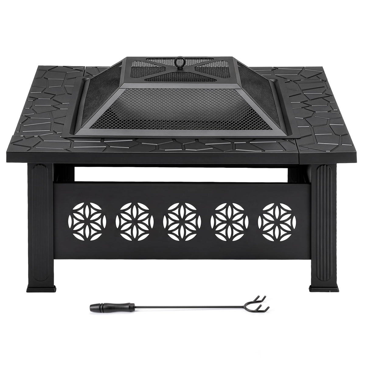 32 Inch Square Wood Burning Fire Pit Table with Spark Screen Lid and Fire Poker, Black A79995