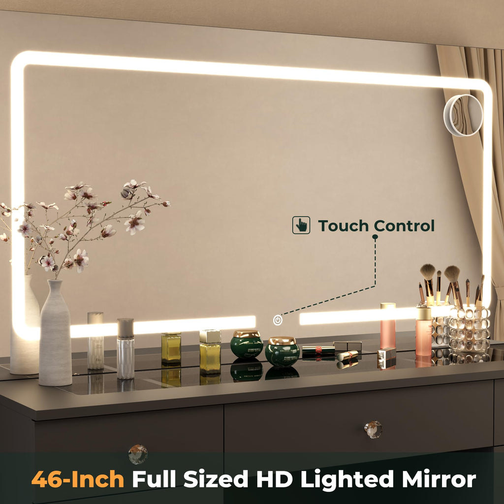 Black 11 Drawer Vanity Desk with Lighted Mirror U9901