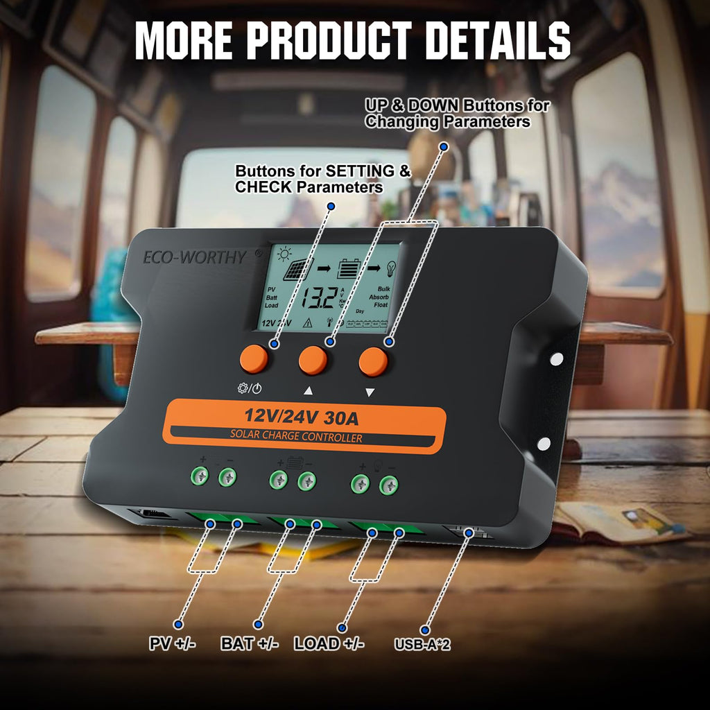 30A Solar Charge Controller Dual USB Port Auto 12V/24V PWM R613