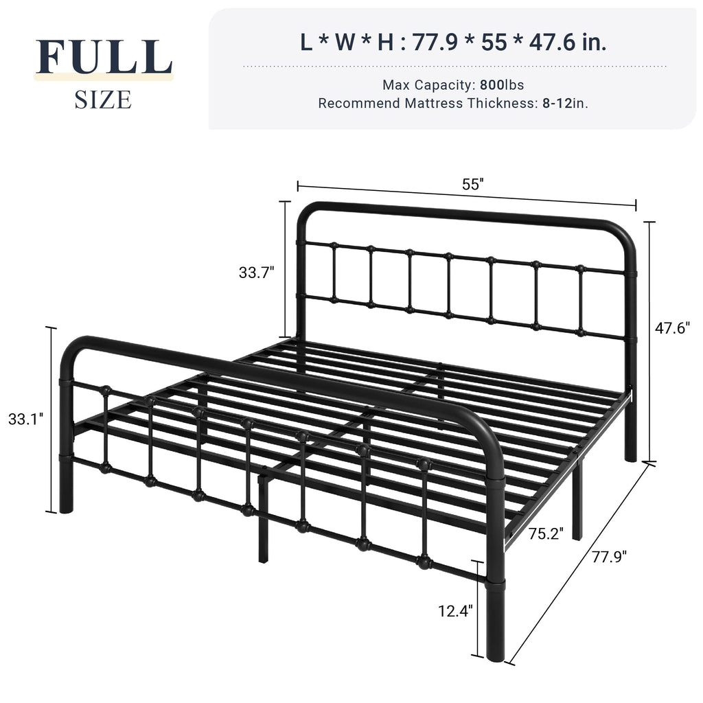 Full Metal Bed Frame with Victorian Iron-Art Headboard, Black X2262