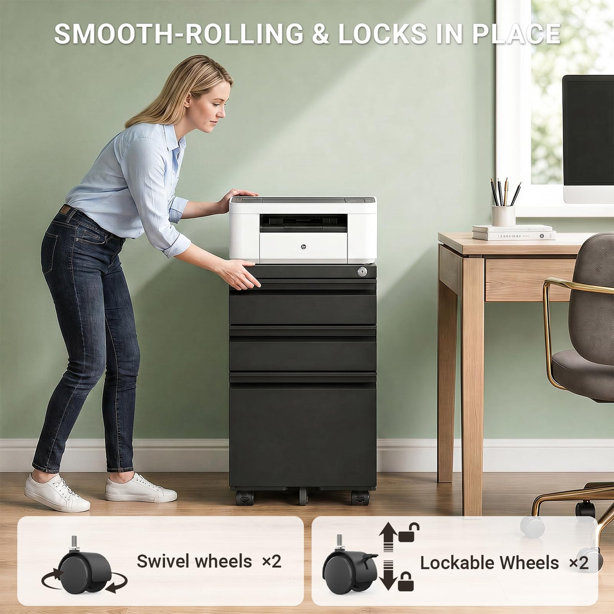 Black 3 Drawer Mobile File Cabinet with Lock V217967