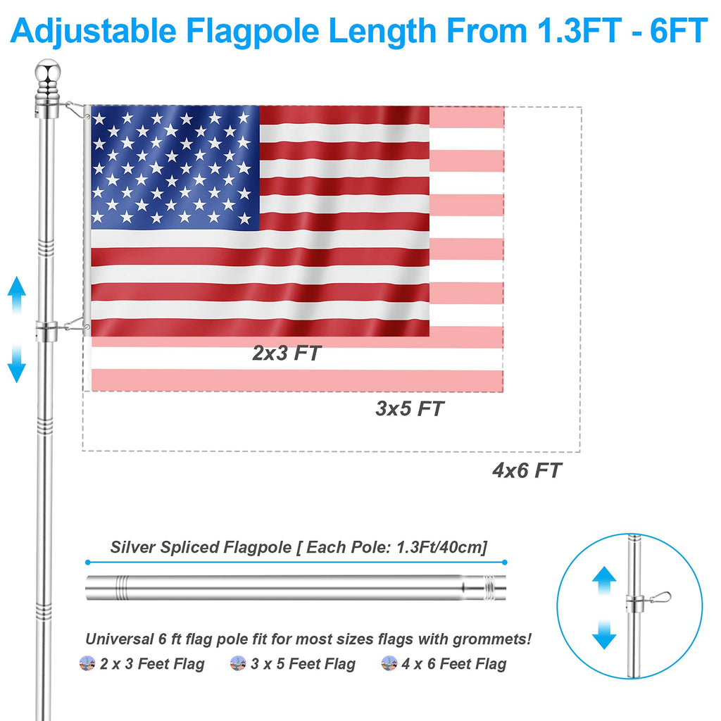 Silver 6 FT Metal Flagpole Kit and 304 Stainless Steel Flagpole Clips I2917
