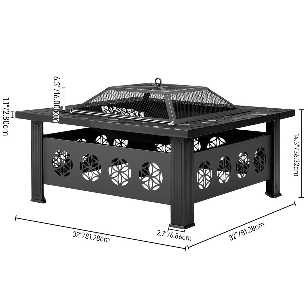 32 Inch Square Wood Burning Fire Pit Table with Spark Screen Lid and Fire Poker, Black A79995