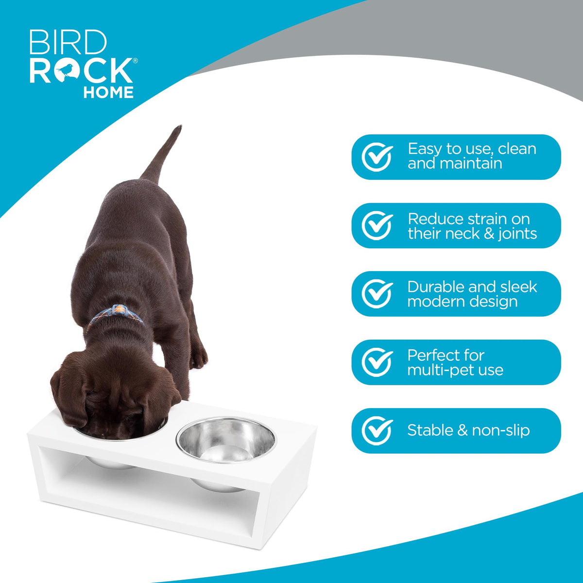 White Double Raised Pet Feeder with Stainless Steel Bowls F887518