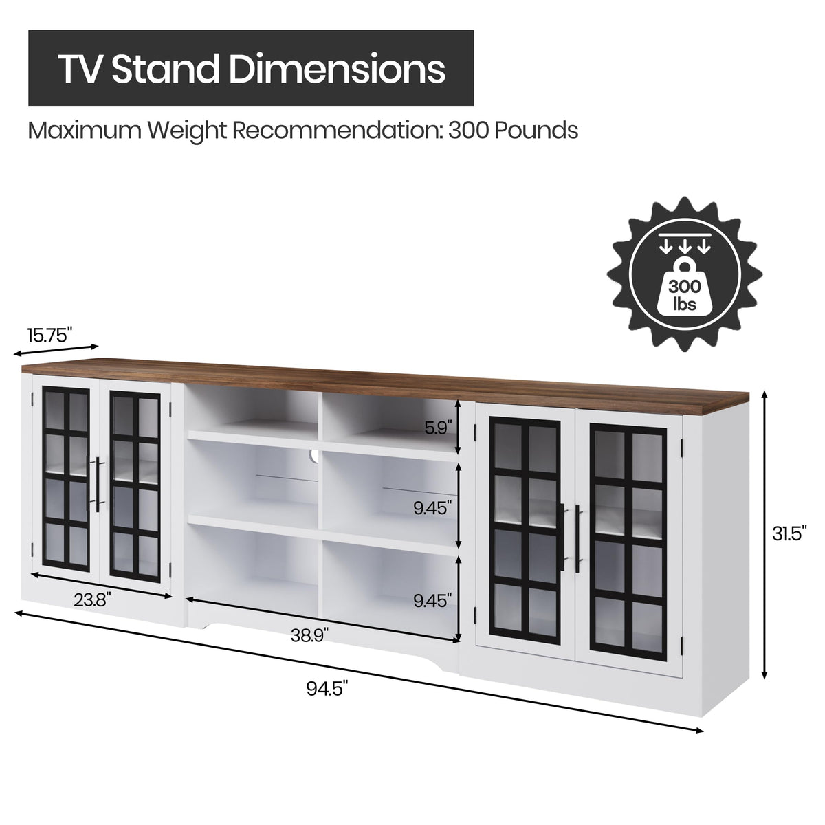 White TV Stand with Storage Cabinet and 3-Tier Open Shelves N176