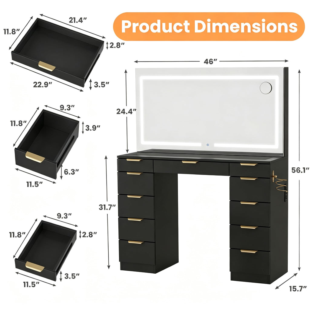 Glass Top Vanity Desk with Mirror and Lights, 11 Drawers Makeup Vanity with Stool R972270