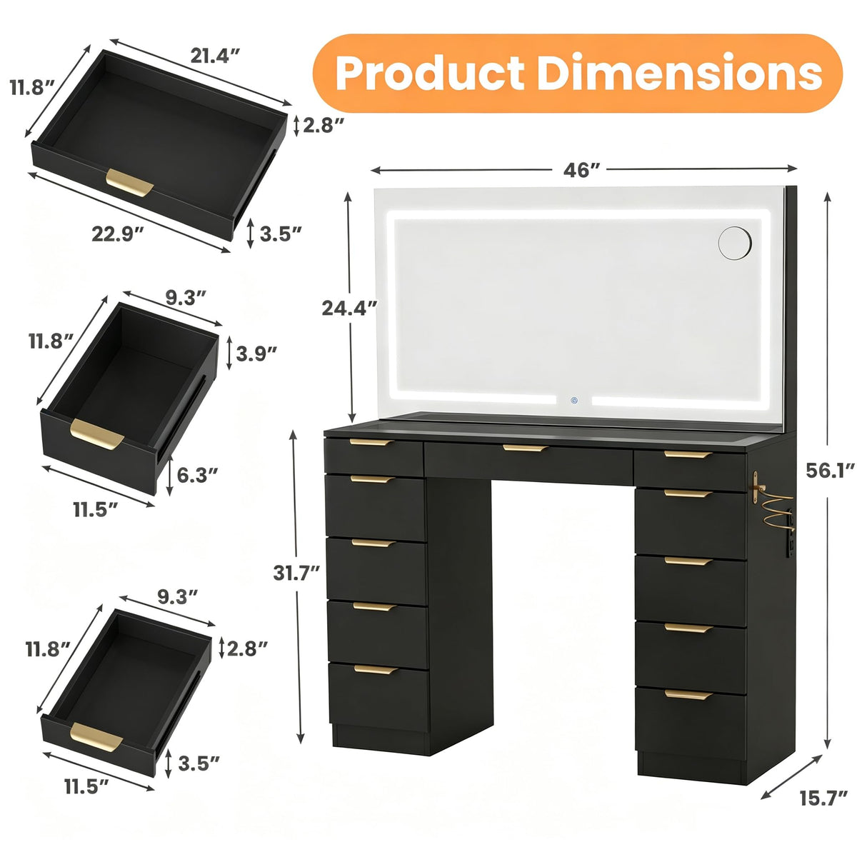 Glass Top Vanity Desk with Mirror and Lights, 11 Drawers Makeup Vanity with Stool R972270