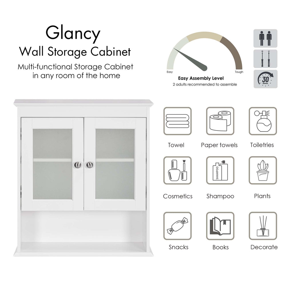 White Bathroom Wall Cabinet with Glass Doors P529922