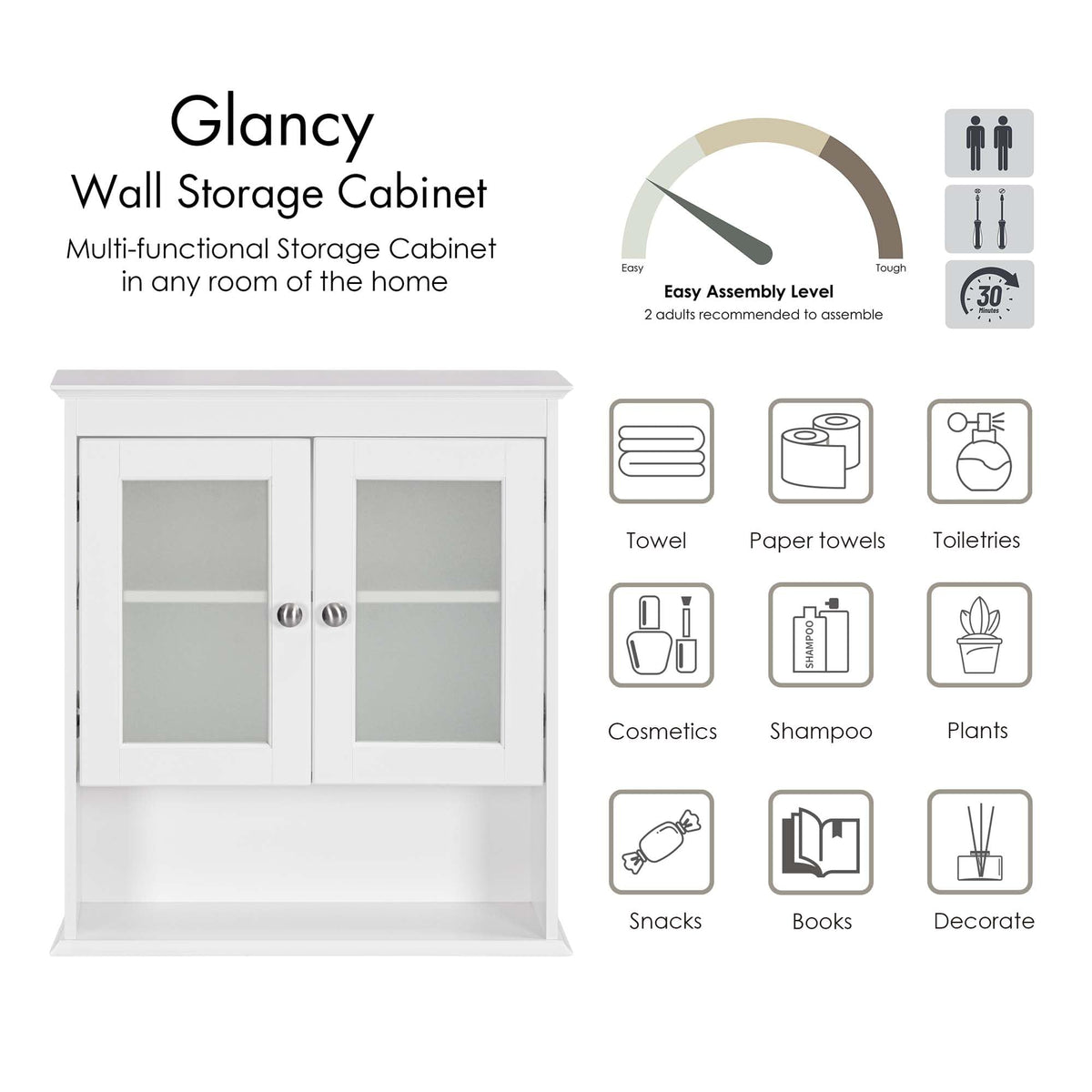 White Bathroom Wall Cabinet with Glass Doors P529922