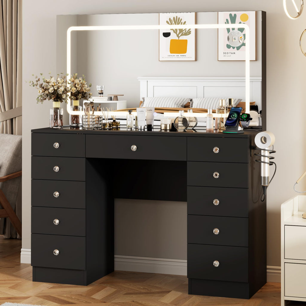 Black 11 Drawer Vanity Desk with Lighted Mirror U9901