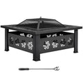 32 Inch Square Wood Burning Fire Pit Table with Spark Screen Lid and Fire Poker, Black A79995