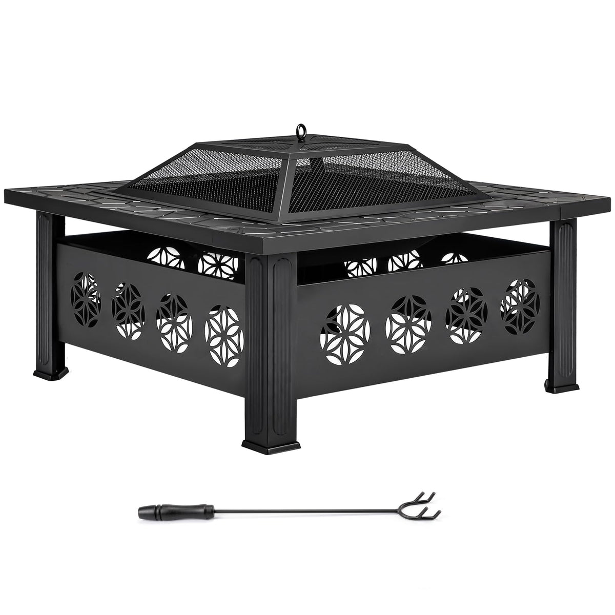 32 Inch Square Wood Burning Fire Pit Table with Spark Screen Lid and Fire Poker, Black A79995