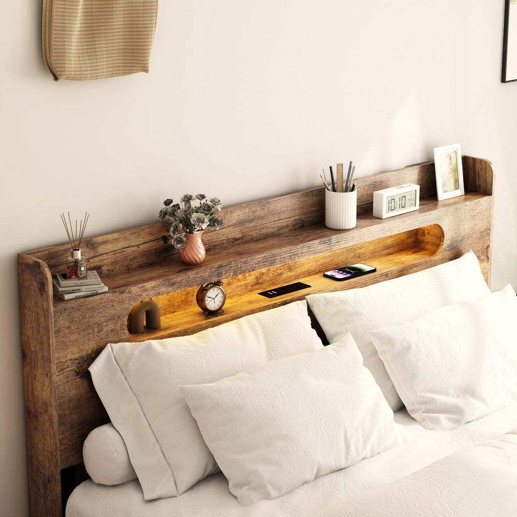 Wooden Full Bed Frame with Storage Headboard I46293