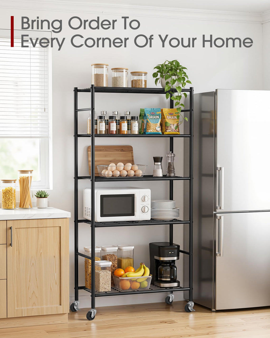 5-Tier Storage Shelves Black with Wheels W3530