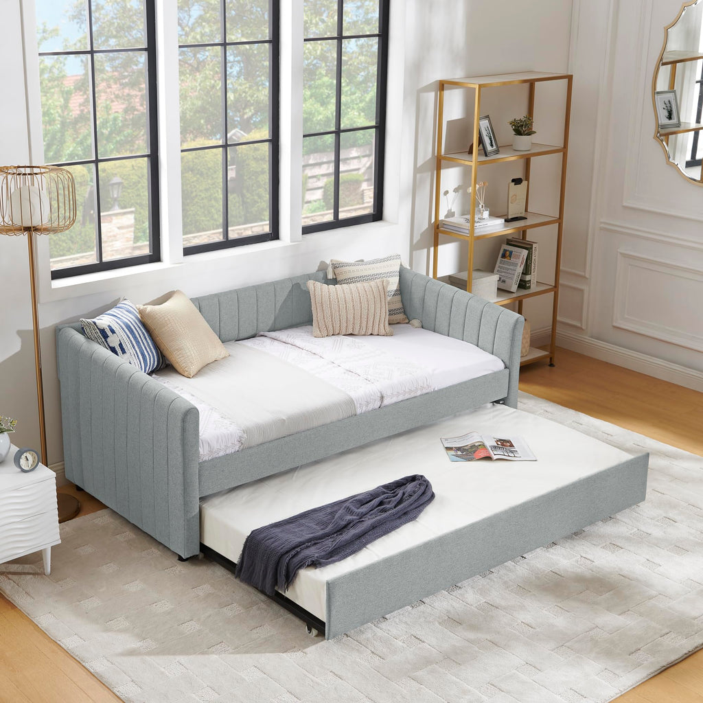 Grey Linen Upholstered Twin Size Daybed with Pop up Trundle E40156