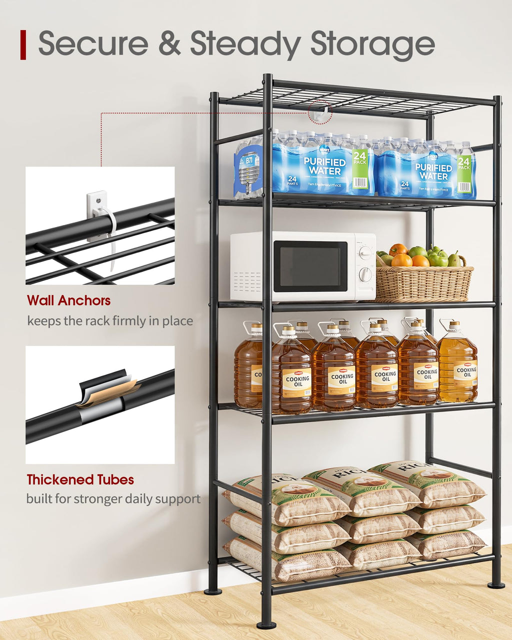 5-Tier Storage Shelves Black with Wheels W3530