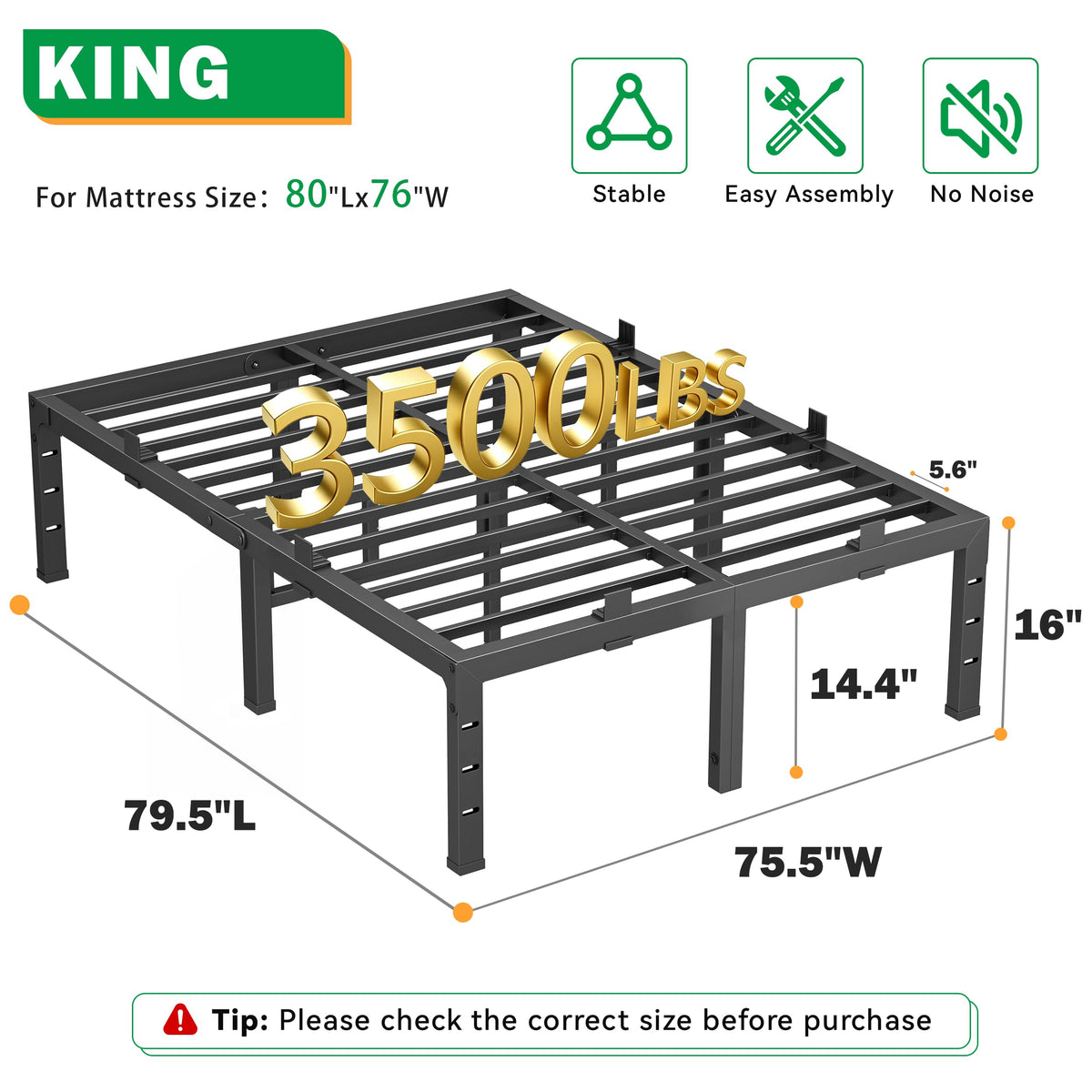 16 Inch King Size Black Metal Platform Bed Frame E6593