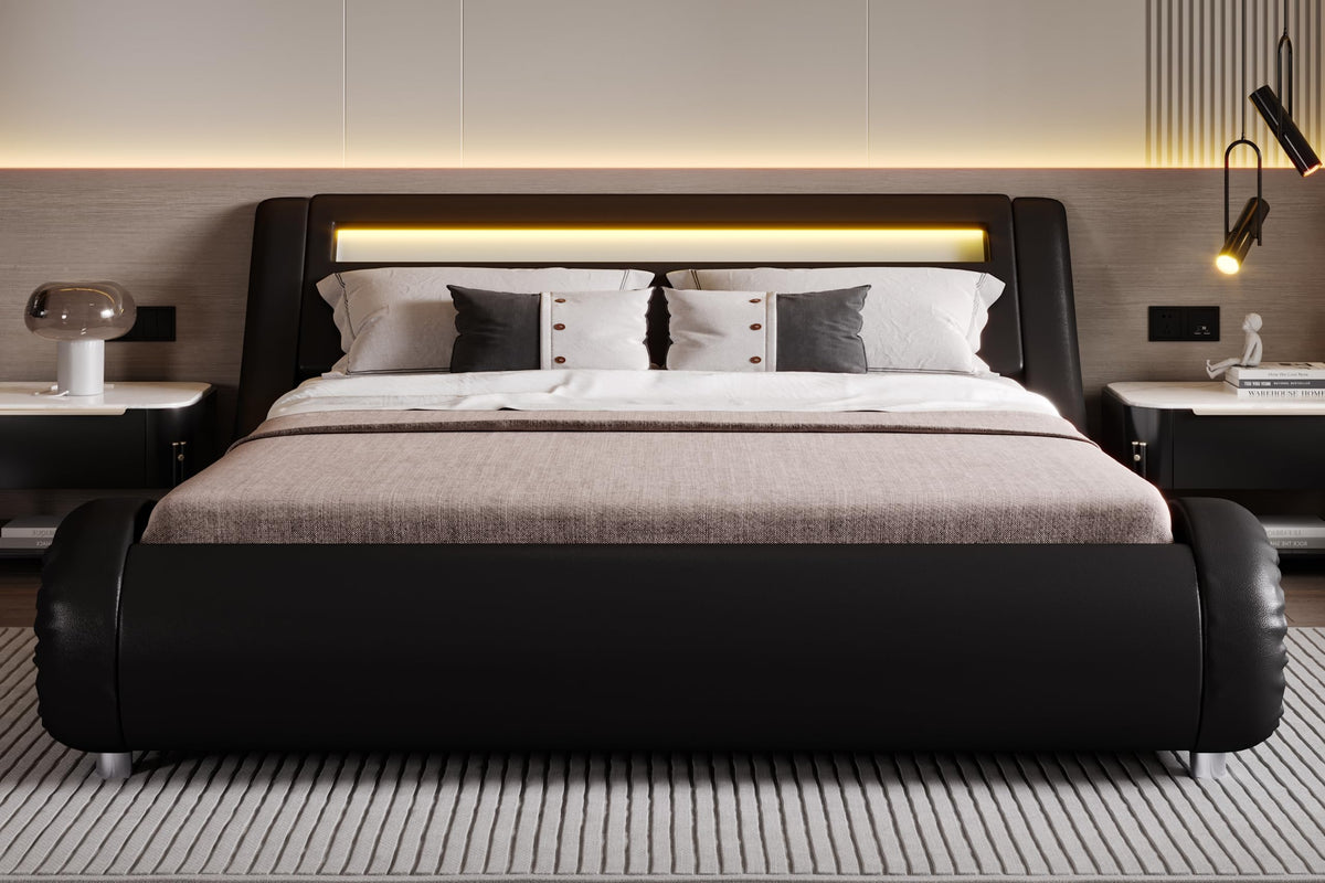 Full Size Bed Frame with Upholstered LED Headboard P186